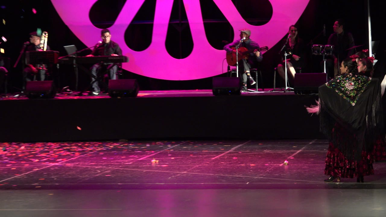 A dancer in a dark floral shawl stands near the front of a Cabo San Lucas stage while musicians sit behind her under a large pink circular backdrop.