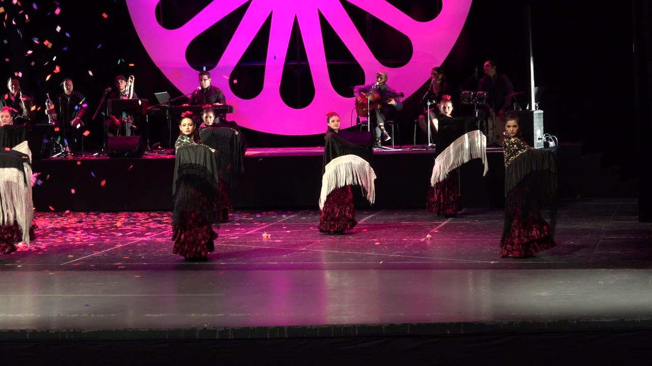 Women dancers on a stage with musicians and a pink backdrop