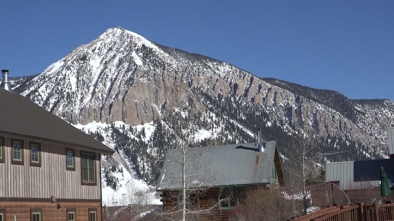 Snow-covered mountain above town rooftops and bare trees