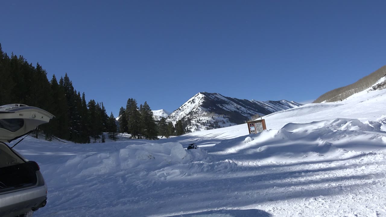 Crested Butte, Colorado winter view with packed snow in the foreground, dark evergreen trees to the right, distant mountain ridges, and no visible people.
