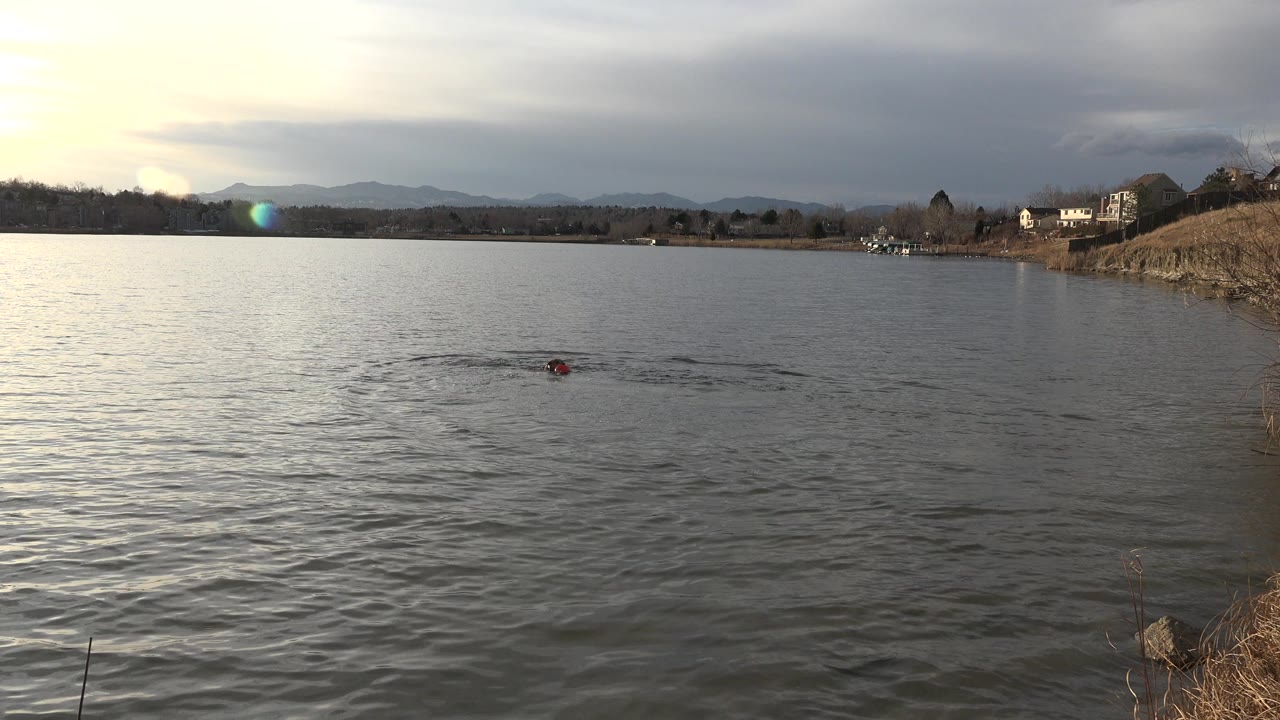 One second in, the red-topped dark shape remains near the center of the lake surface, leaving ripples with the Westminster shoreline and distant houses behind it.