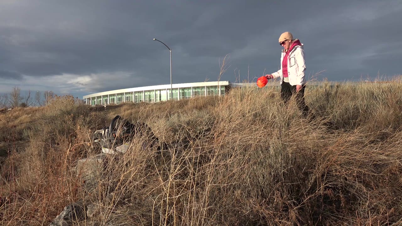 In Westminster, Colorado, a woman in a white jacket and red scarf stands on a dry grassy bank while a dog is partly visible near rocks below her.