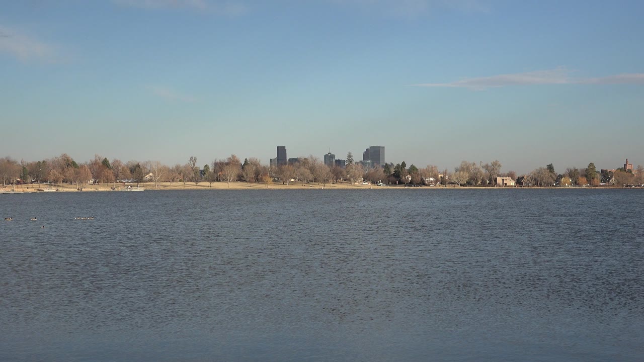 Westminster, Colorado lake scene with open water across the foreground, low trees along the far bank, a small cluster of distant buildings, clear blue sky, and no visible people.