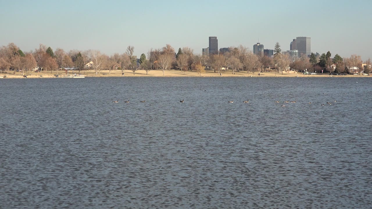 Wide lake water with distant shoreline trees and city buildings.