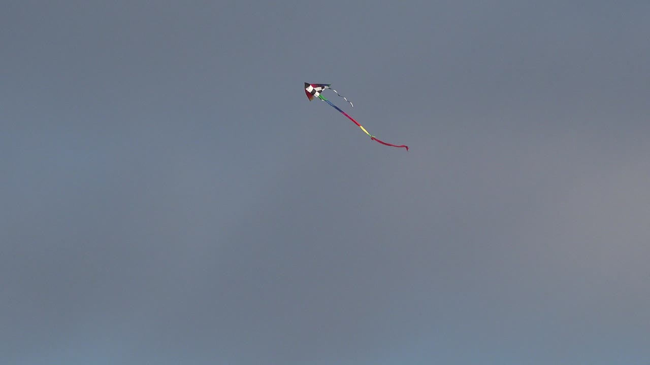The kite sits near the top center of the frame over a muted cloudy sky in Westminster, Colorado, with its ribbon tail trailing right and no visible people.