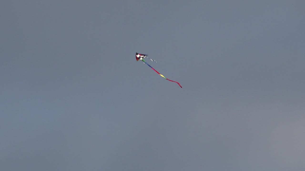 Small kite and tail high in an open sky.