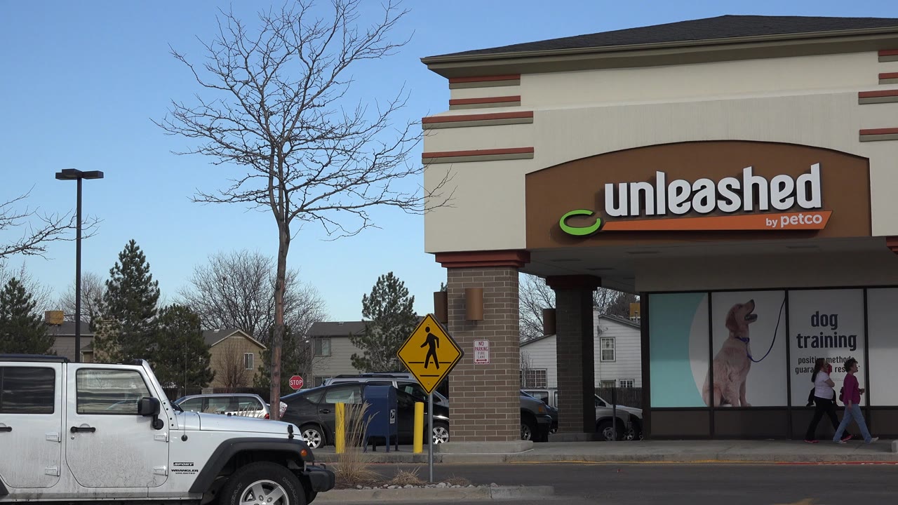 Unleashed by Petco storefront across a parking lot with a white Jeep in front.