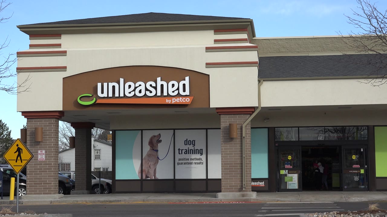 Second frame shows the Westminster storefront from nearly the same front-facing angle, with the Unleashed sign centered above the dog training windows and no visible people.