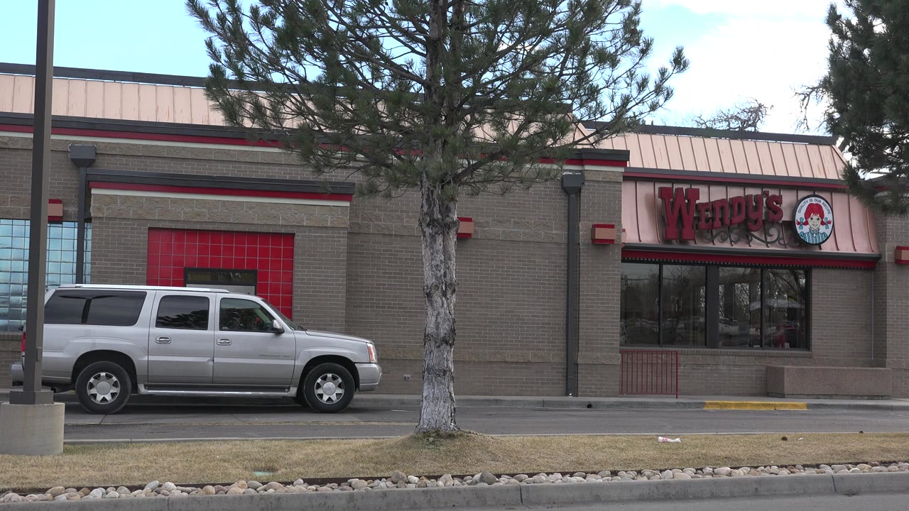 Wendy's restaurant exterior with a silver SUV and pine tree.