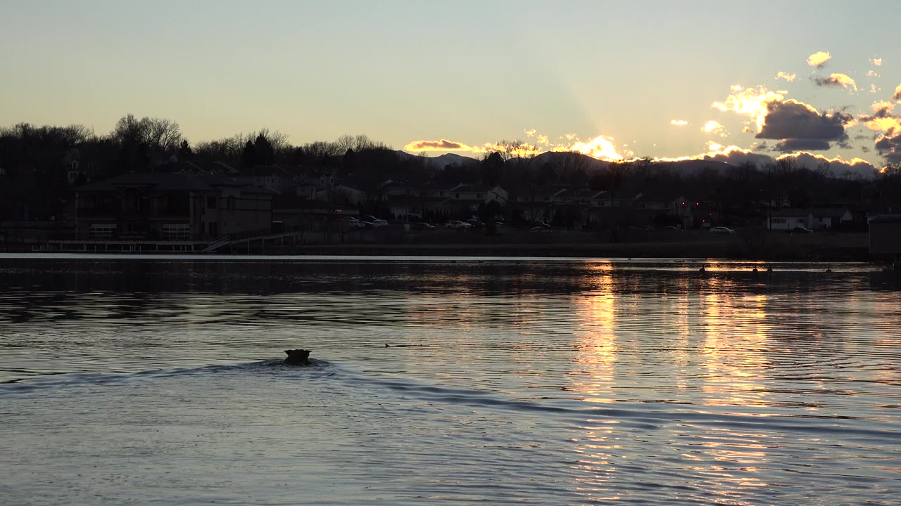 At 0:00 in Westminster, Colorado, the sun sits behind clouds above a dark ridge while golden light reflects on rippled water, with no visible people.