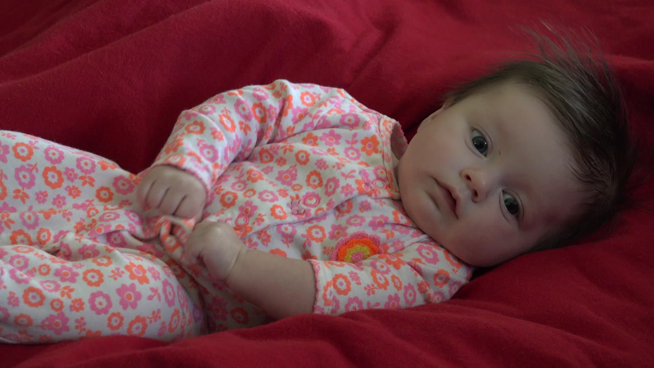 A baby in a pink floral one-piece lies diagonally on red sheets in Westminster, Colorado, looking toward the camera at the start of the clip.