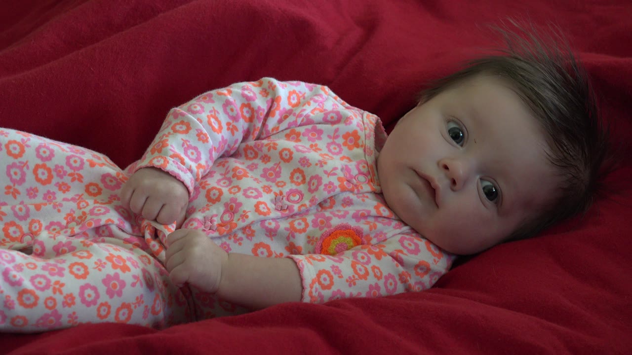 The baby lies on the red bed fabric in Westminster, Colorado, with a direct gaze and one small fist raised slightly above the floral outfit.