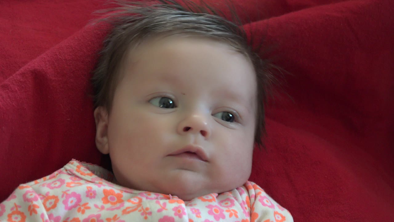 At 0:00, a baby in Westminster, Colorado lies against deep red fabric, looking slightly to the side in a pale floral outfit.