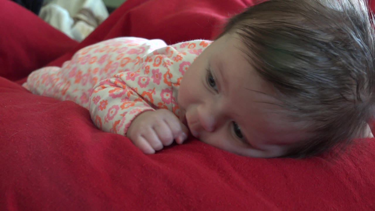A baby in a floral outfit lies face-down on a red blanket in Westminster, Colorado, with one hand tucked near the mouth at the start of the clip.