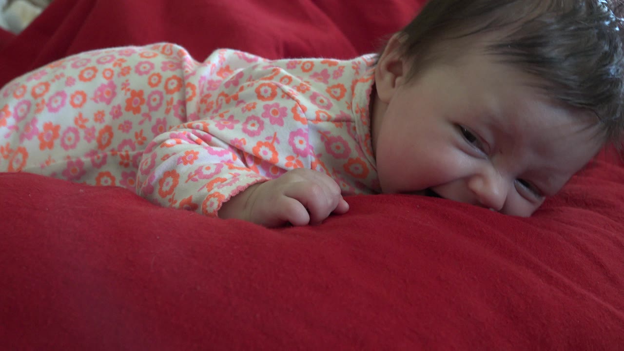 Baby lying face down on red bedding in a pink floral shirt.