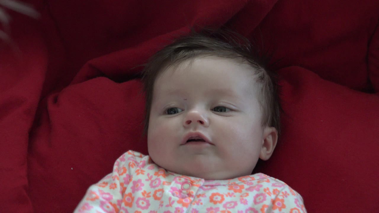 At 0:01, the infant remains centered on the red cushions in Westminster, Colorado, with eyes open and mouth slightly parted above the floral onesie.