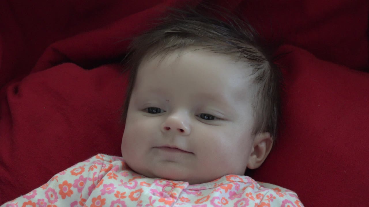 At 0:02, the baby in Westminster, Colorado lies against the red cushion with a neutral expression and the floral pattern crossing the chest.