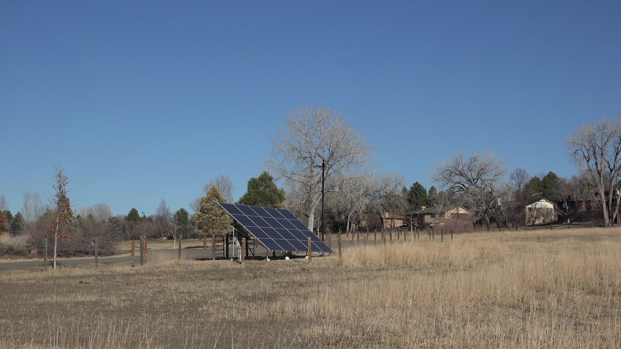 Solar panel array in a dry grassy field with trees and houses behind it.