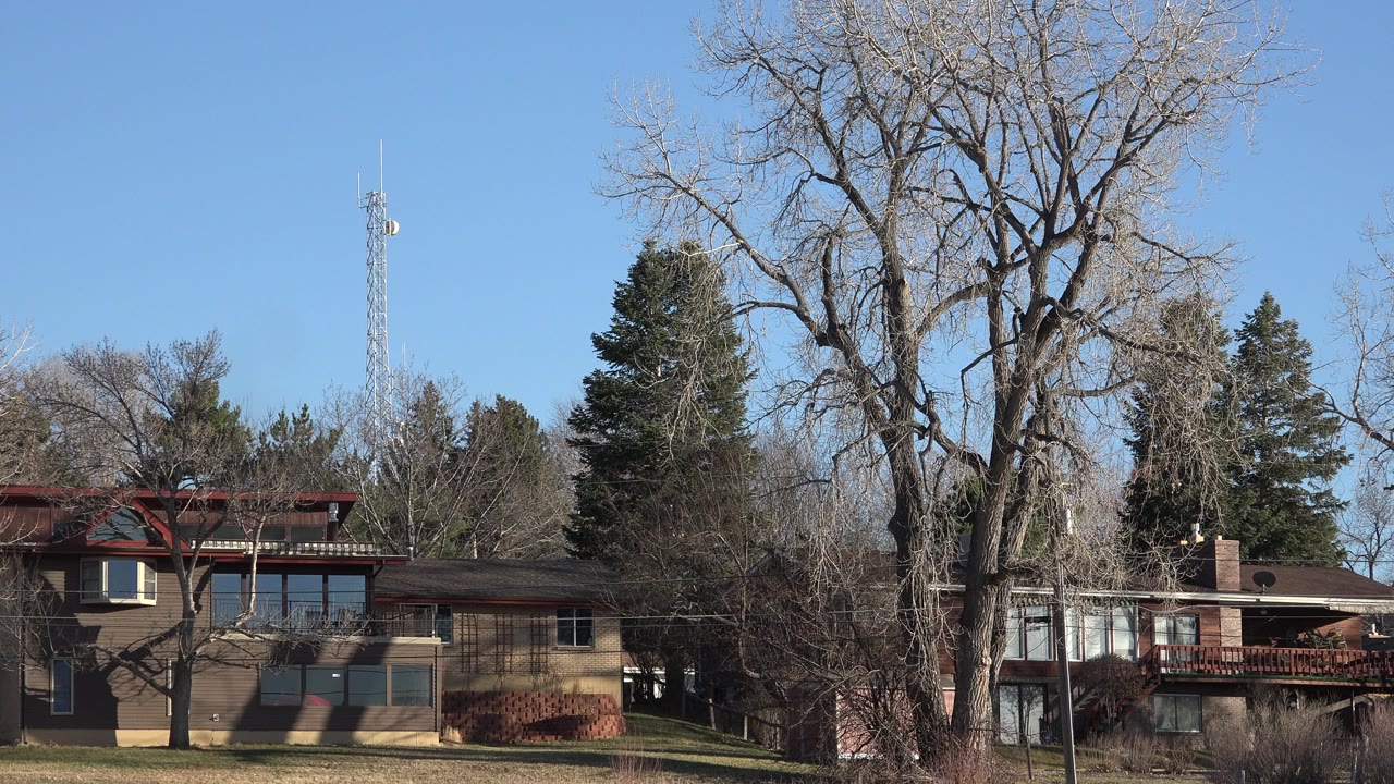 Arvada, Colorado residential buildings sit behind dry grass and bare tree branches, with a slim communications tower rising against the blue sky and no visible people.