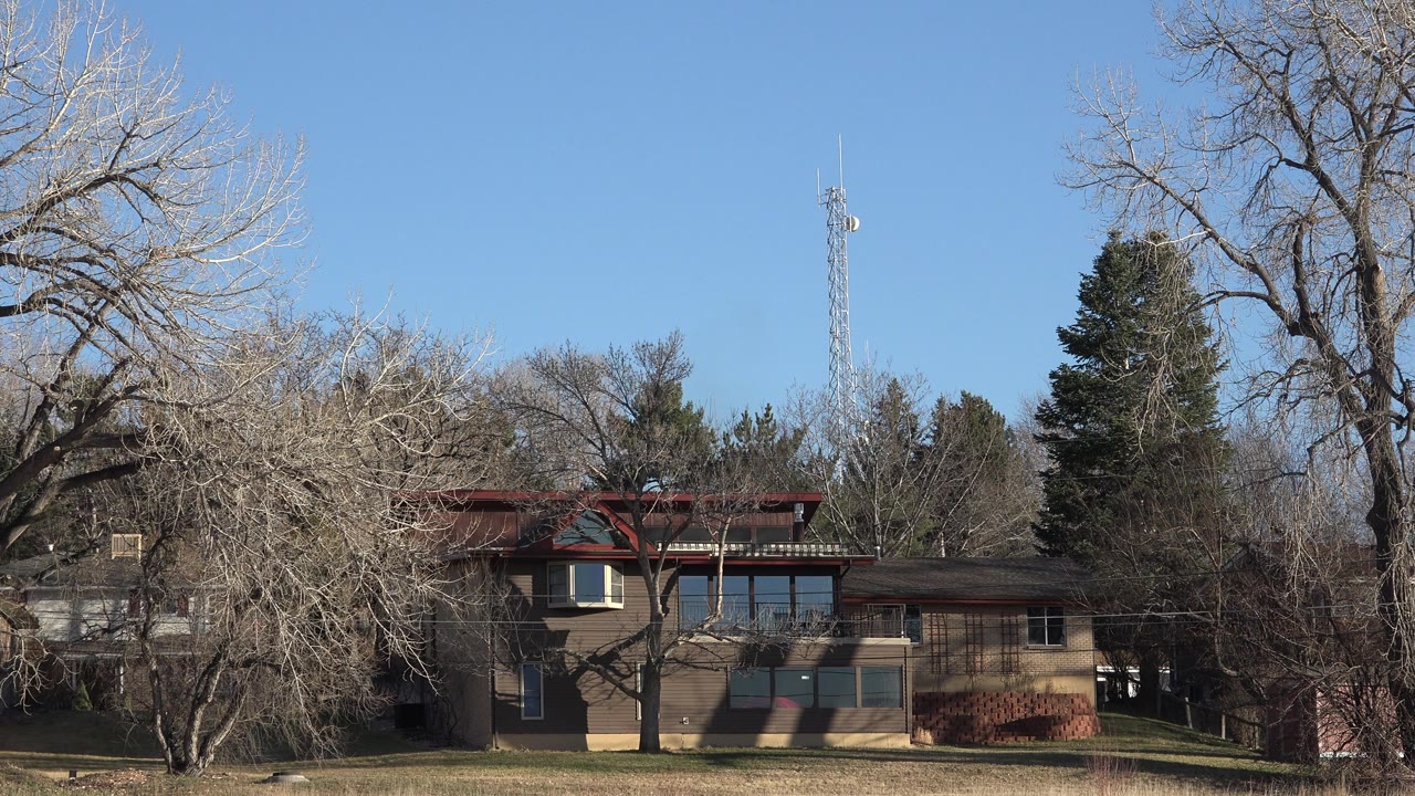 Arvada, Colorado exterior with the building centered behind a leafless foreground tree, brown grass at the bottom of frame, and a tower visible above the tree line.