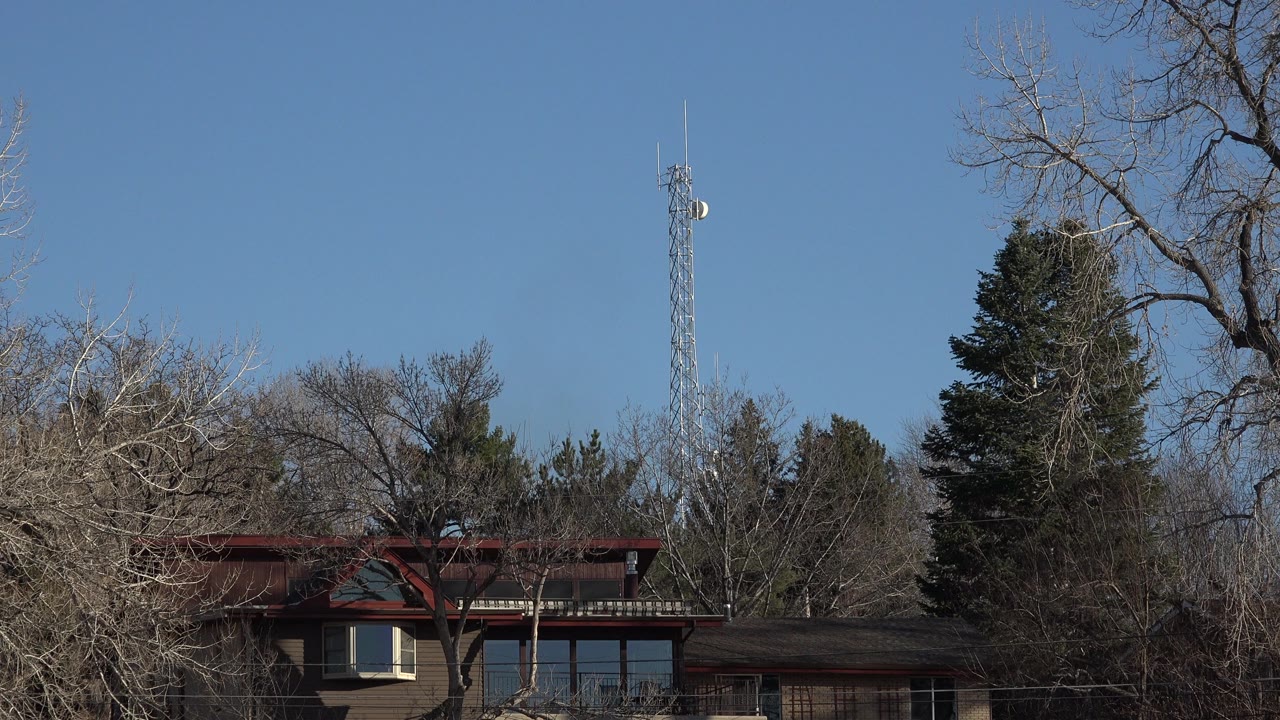 Early frame of an Arvada, Colorado house partly hidden by leafless trees, with a communications tower rising behind the roofline and no visible people.