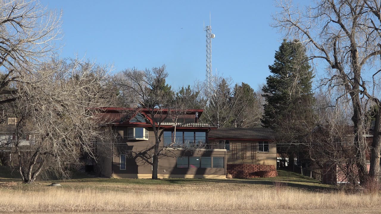 Arvada house exterior remains centered behind leafless branches, pale dry grass, evergreen trees, and a tall tower, with no visible people.