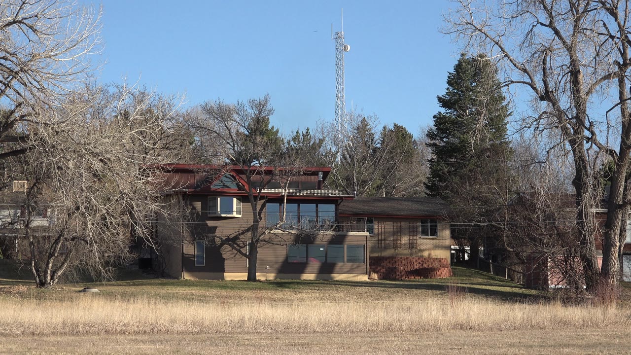 Suburban house with bare branches, dry grass, and tower in background.