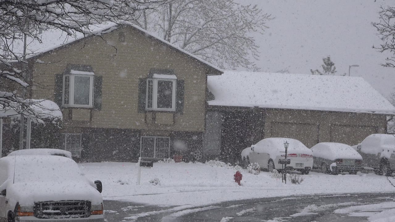 Westminster, Colorado home seen through dense snowfall, with a foreground vehicle cropped at left and multiple cars under snow near the garage, with no visible people.