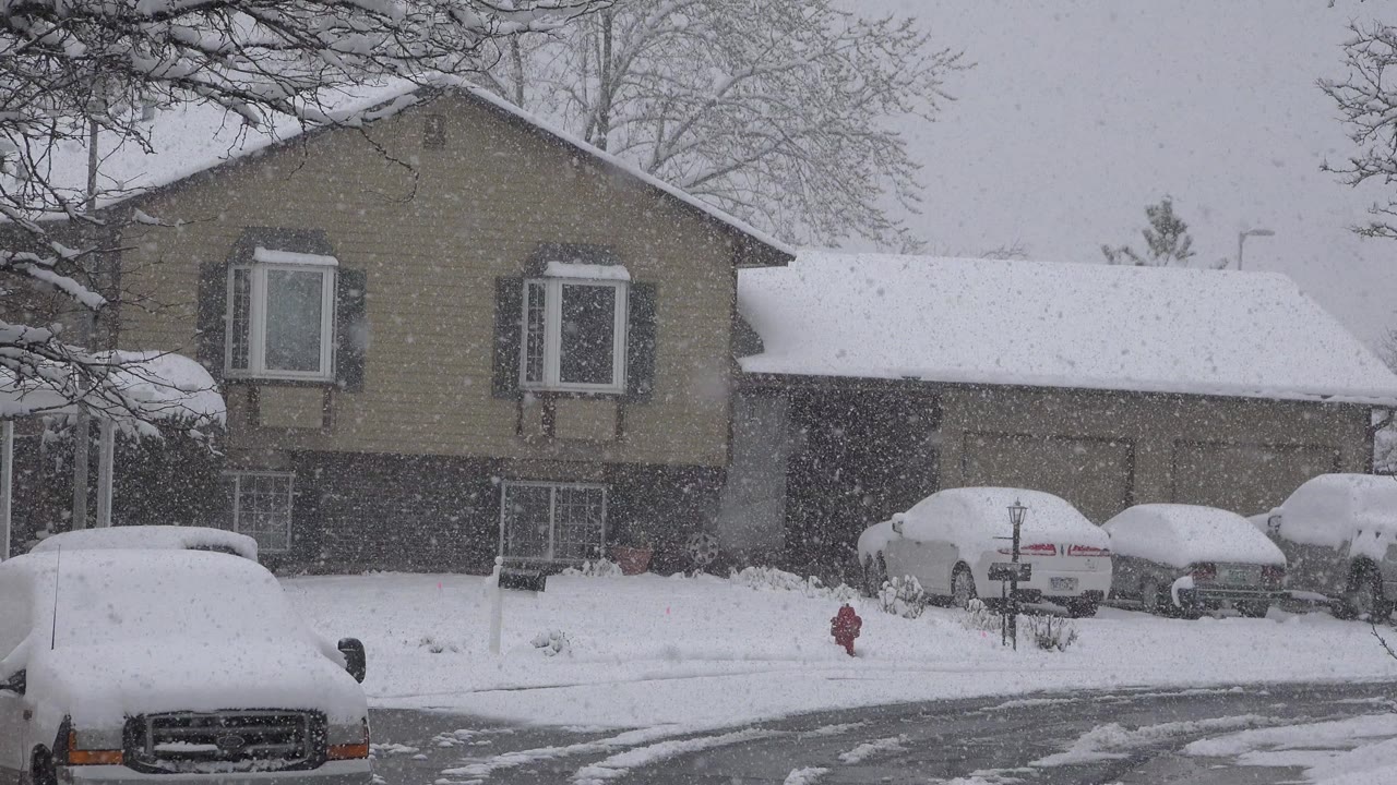 Snow falling on a suburban house with parked vehicles and a truck in front.