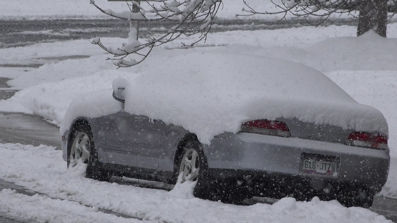 The rear of the silver sedan remains covered in snow on a Westminster, Colorado street, with the license plate area, taillights, snow-packed wheels, and no visible people in frame.