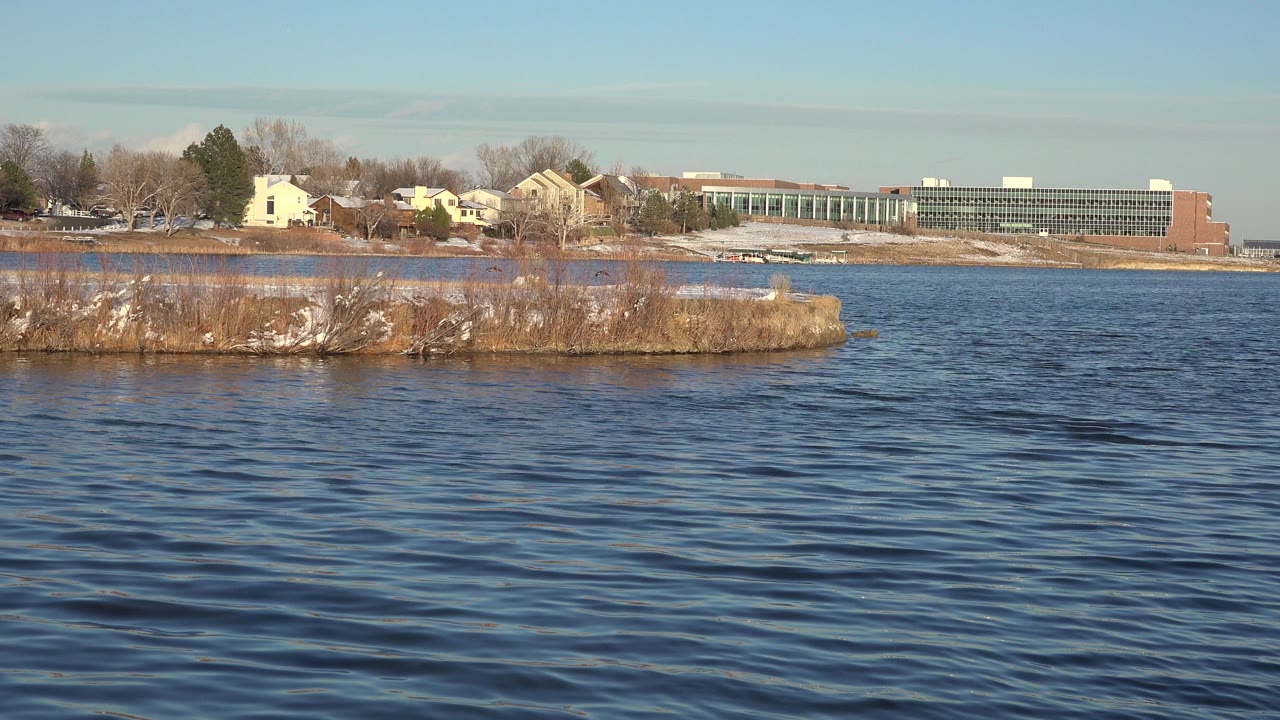 Opening view across rippling water in Westminster, Colorado toward a brushy shoreline, houses, and a long low building, with no visible people.