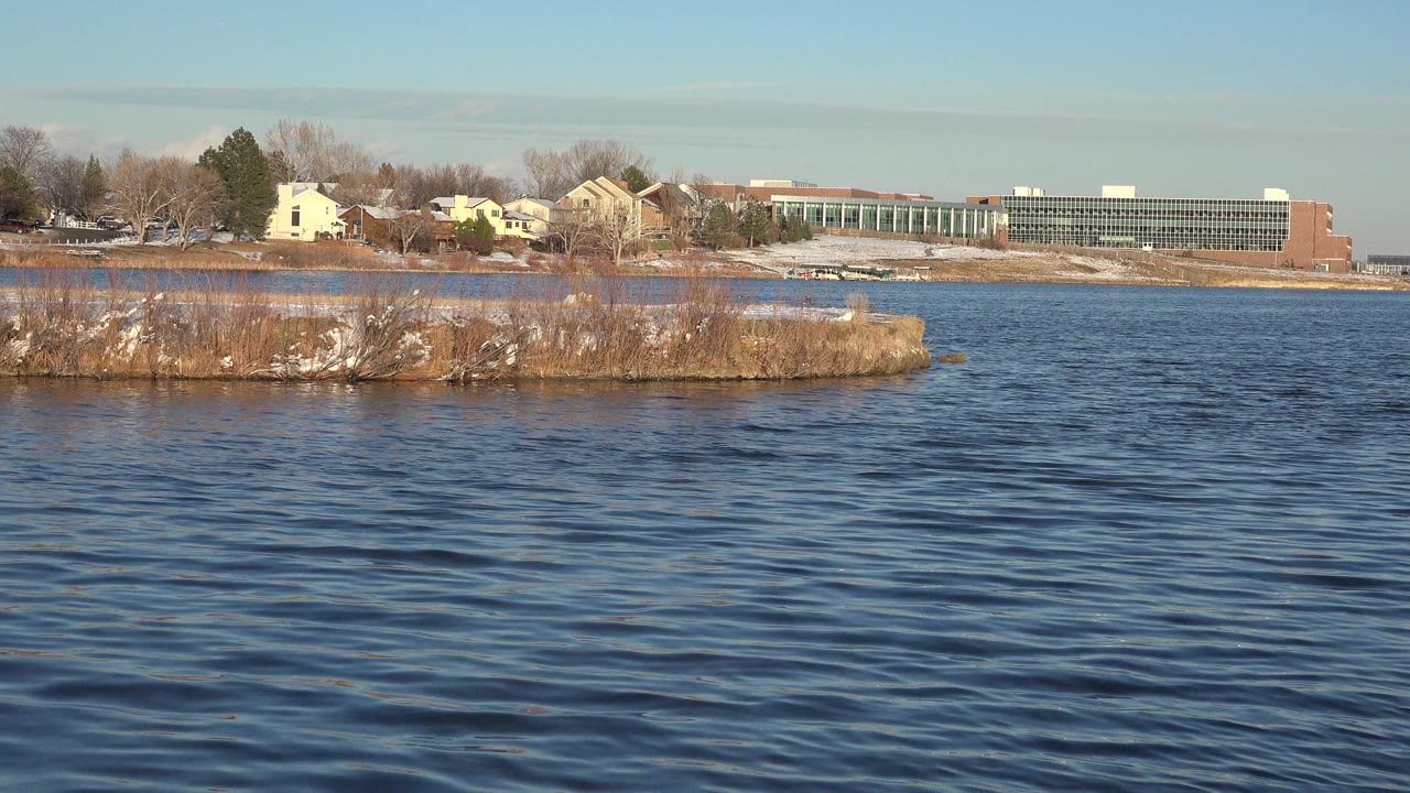 Westminster, Colorado lake view with rippled blue water in front, a low reed island with snow patches, and distant homes and a long building, with no visible people in this frame.