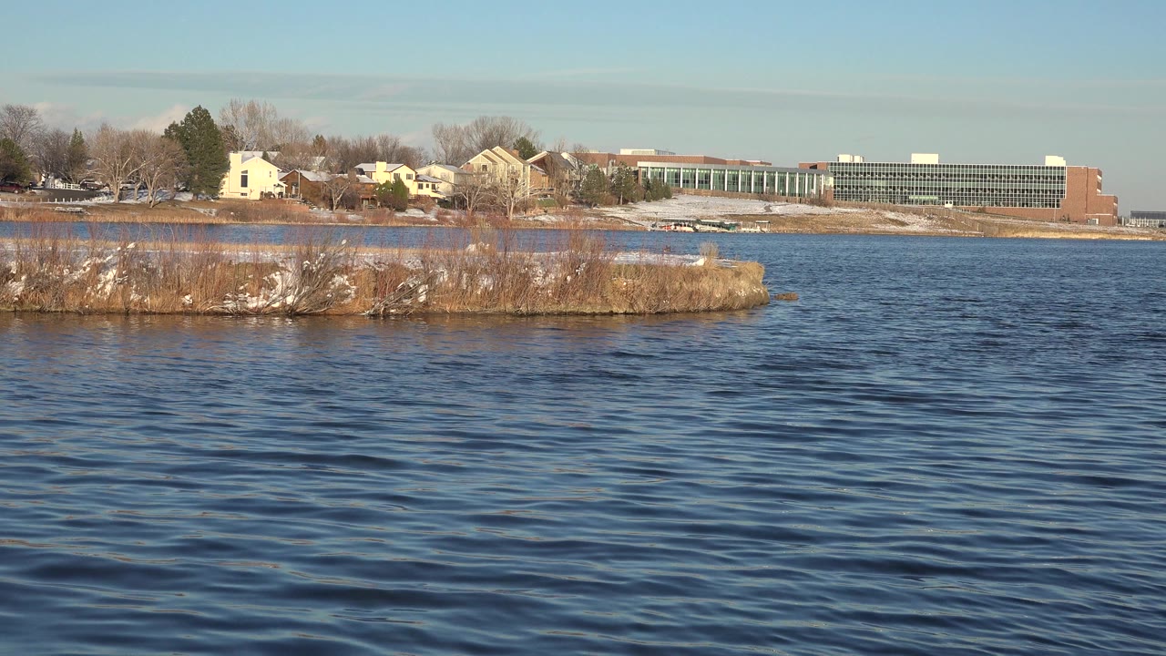 A calm Westminster lake frame shows dark blue surface ripples, tawny shoreline brush, scattered snow, distant houses, leafless trees, and a rectangular building under clear sky.