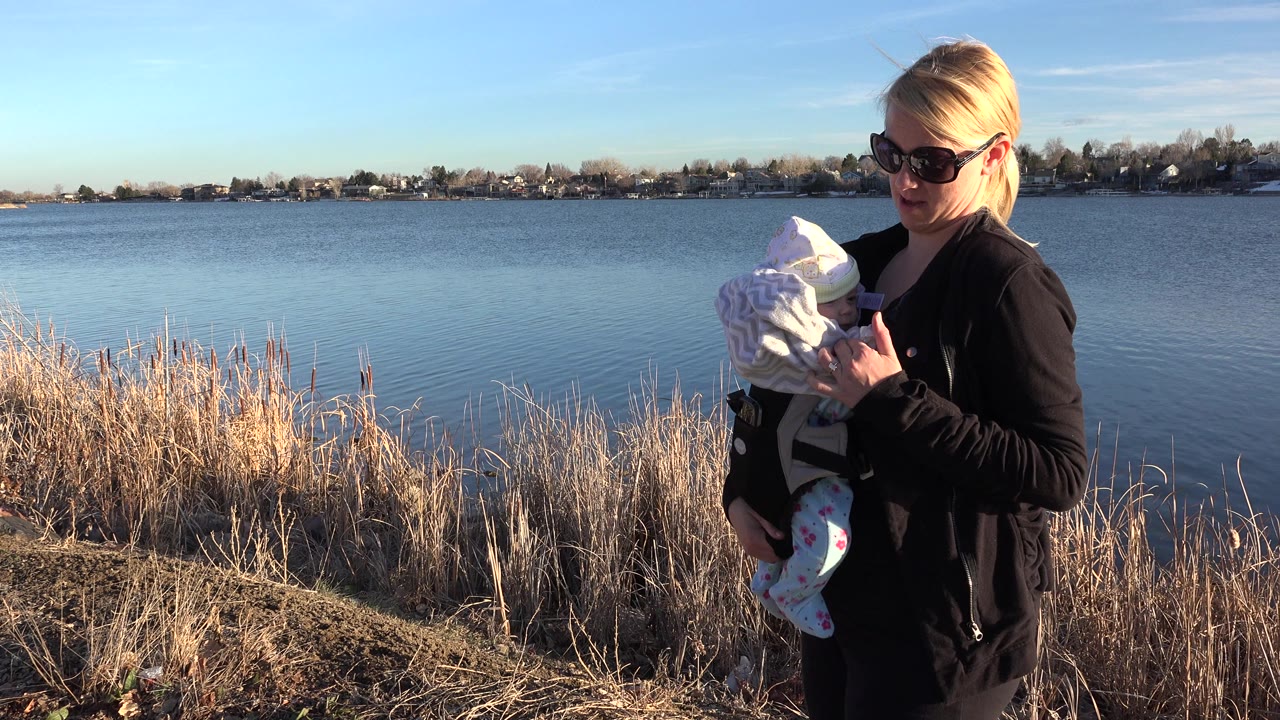 The mother looks down toward the bundled baby while standing near tan shoreline reeds, with calm lake water and a low residential shoreline behind them in Westminster, Colorado.