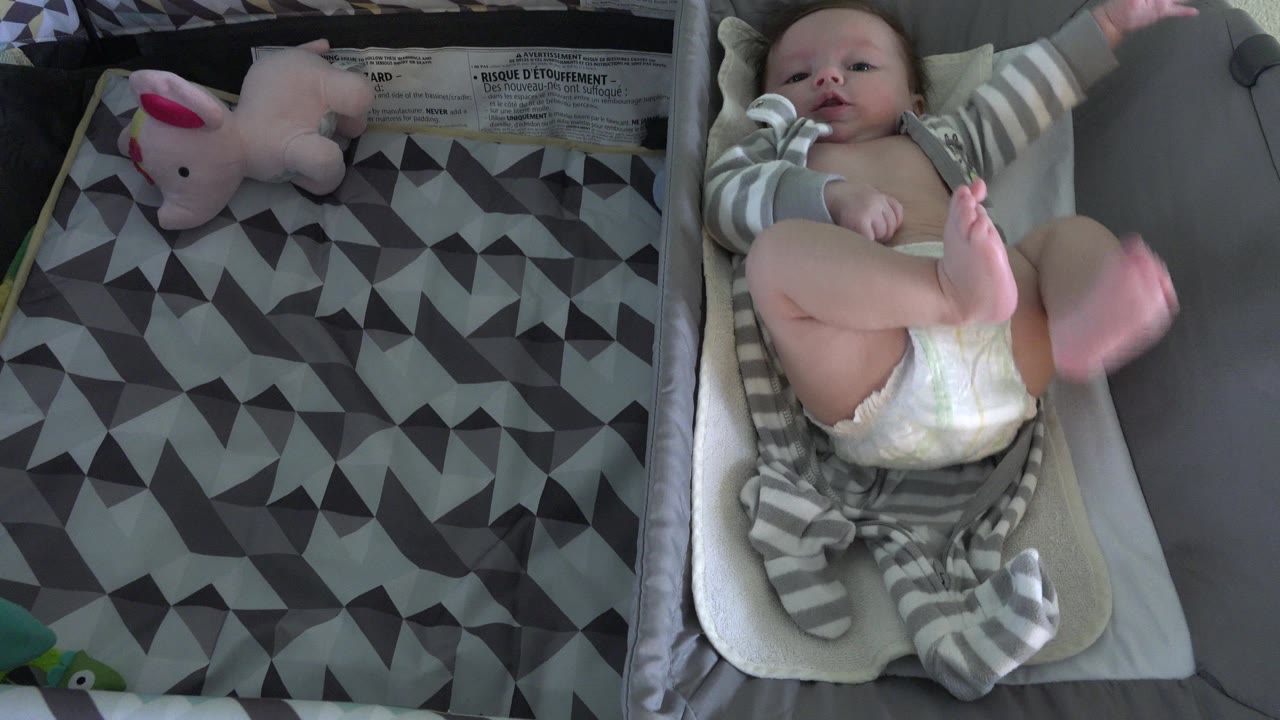 Bassinet bedding with a plush toy and gray geometric blanket.
