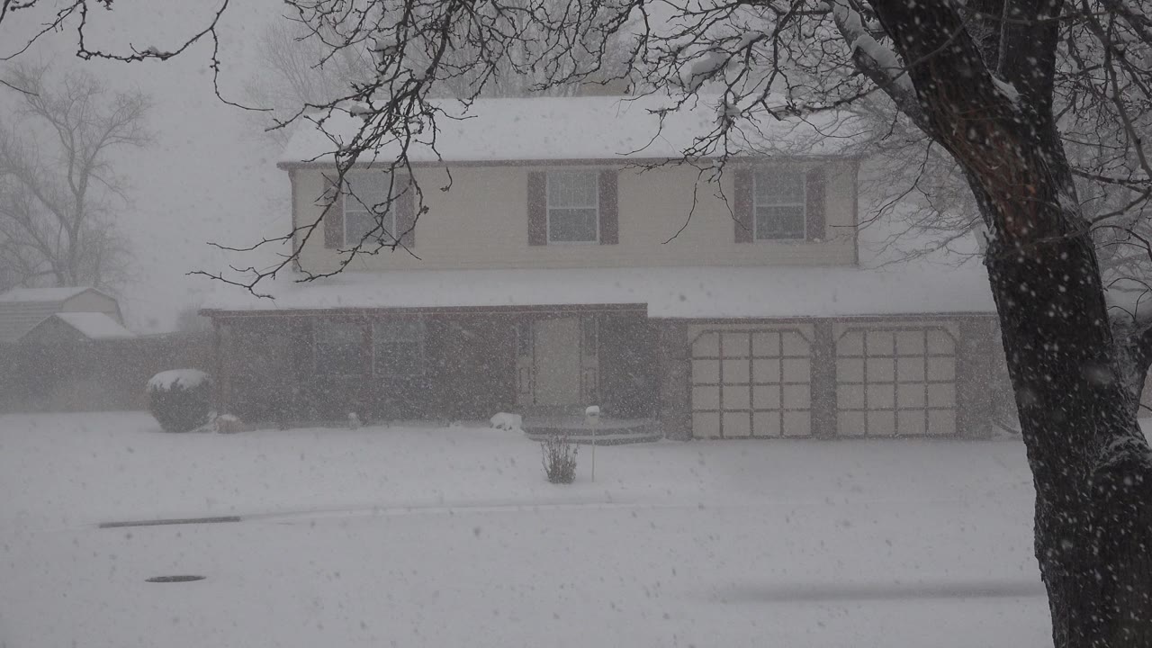 The Westminster residential exterior remains centered as snow thickens across the yard, garage doors, shrubs, and foreground tree, with no visible people.
