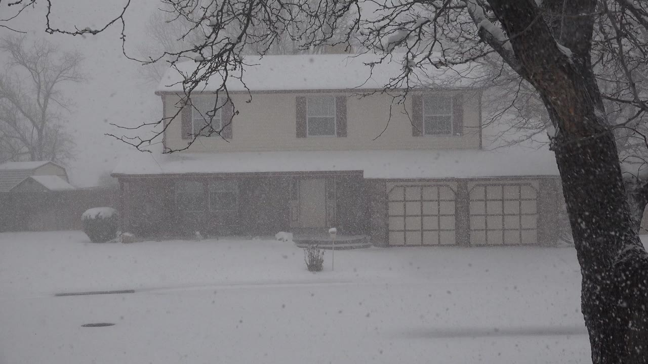 At 0:00, a brown and white house in Westminster, Colorado is partially obscured by heavy snow, with a dark foreground tree trunk at right and no visible people.