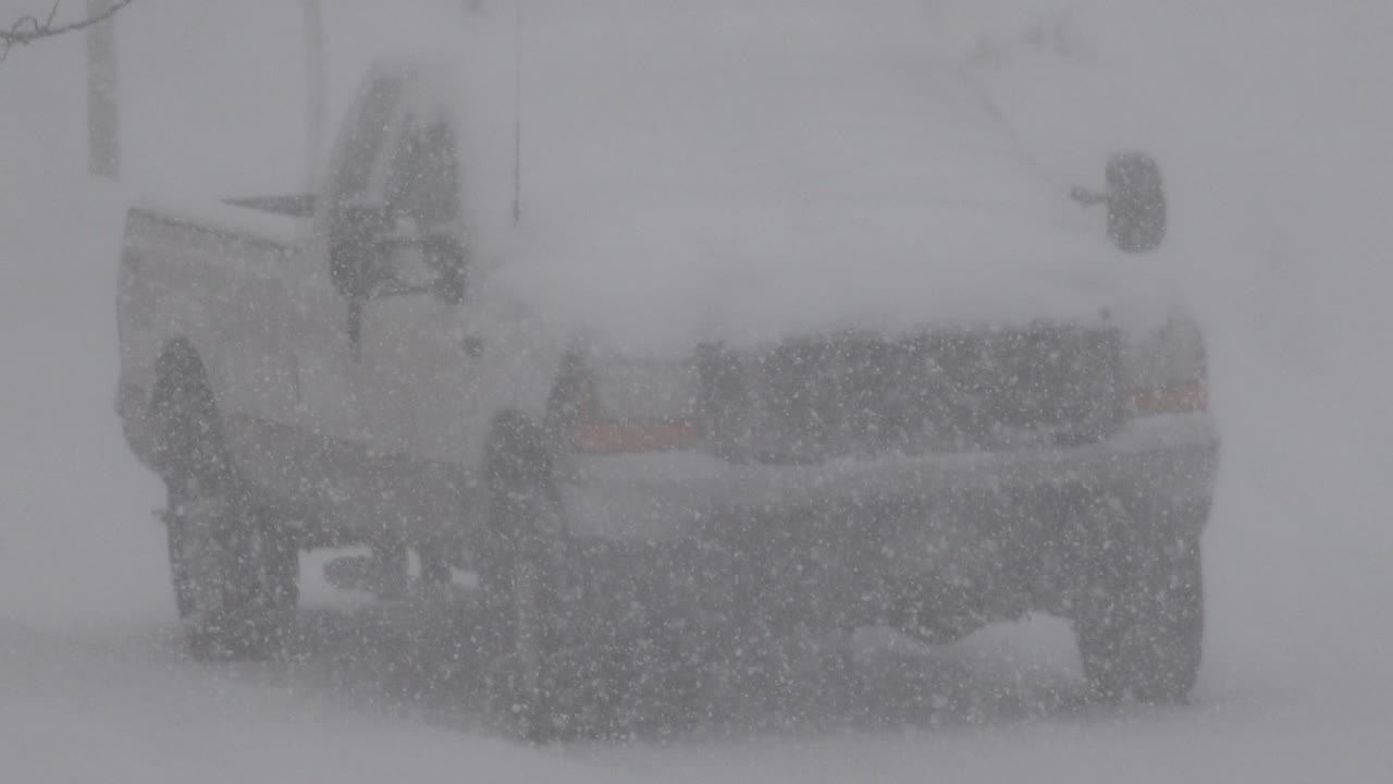 At 0:01, the rear of the parked car remains centered in Westminster, Colorado as thick snowfall veils the bumper, tire, and side panel, with no visible people.