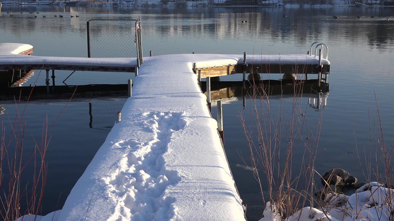 Snow-covered dock leading toward still water and a small platform.