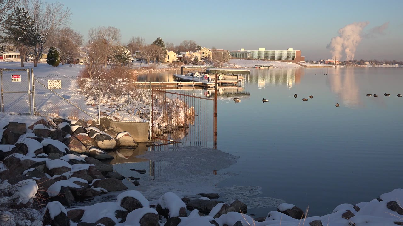 Ducks on a snowy winter lake with rocks, dock, and distant smoke plume.