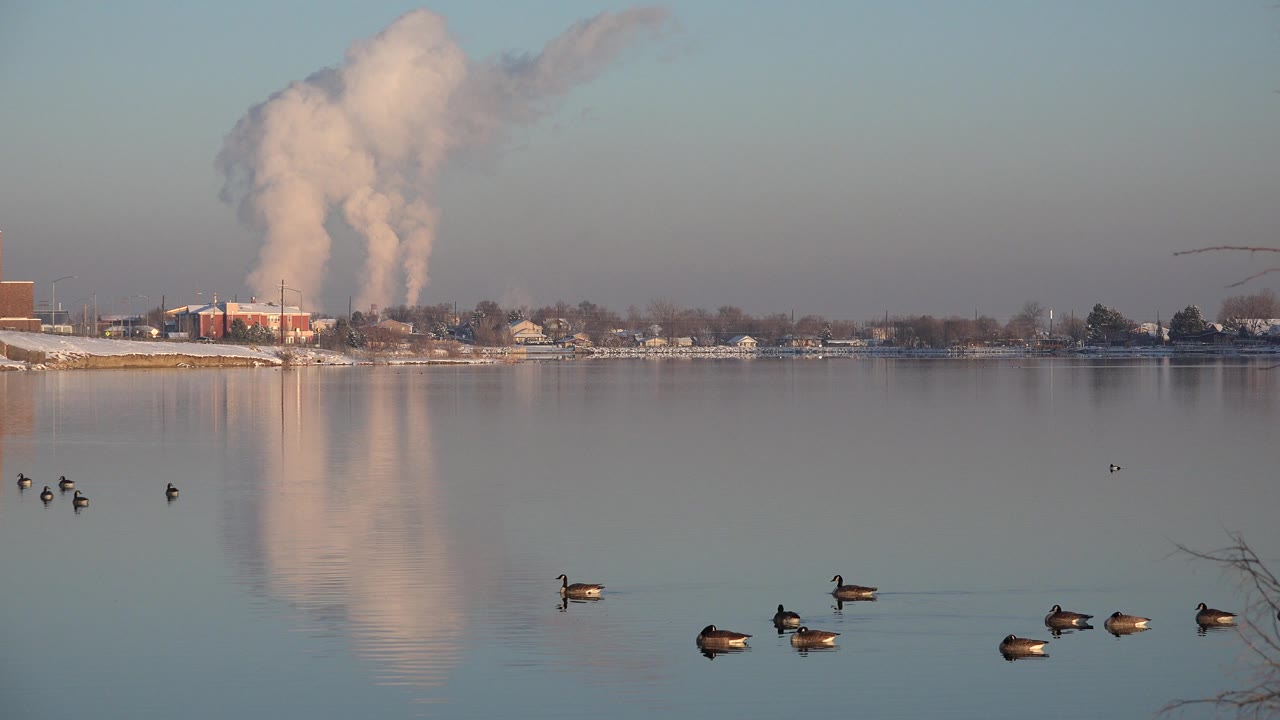 One second in, the birds are spaced across the reflective lake surface in Westminster, Colorado, with the plume standing high over low buildings and no visible people.