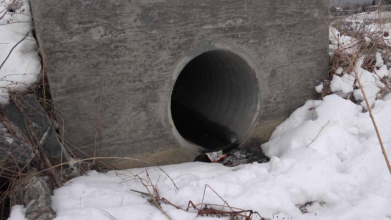 At 0:00 in Westminster, Colorado, a round gray concrete drainage tube opens into snow with dry winter weeds and no visible people.