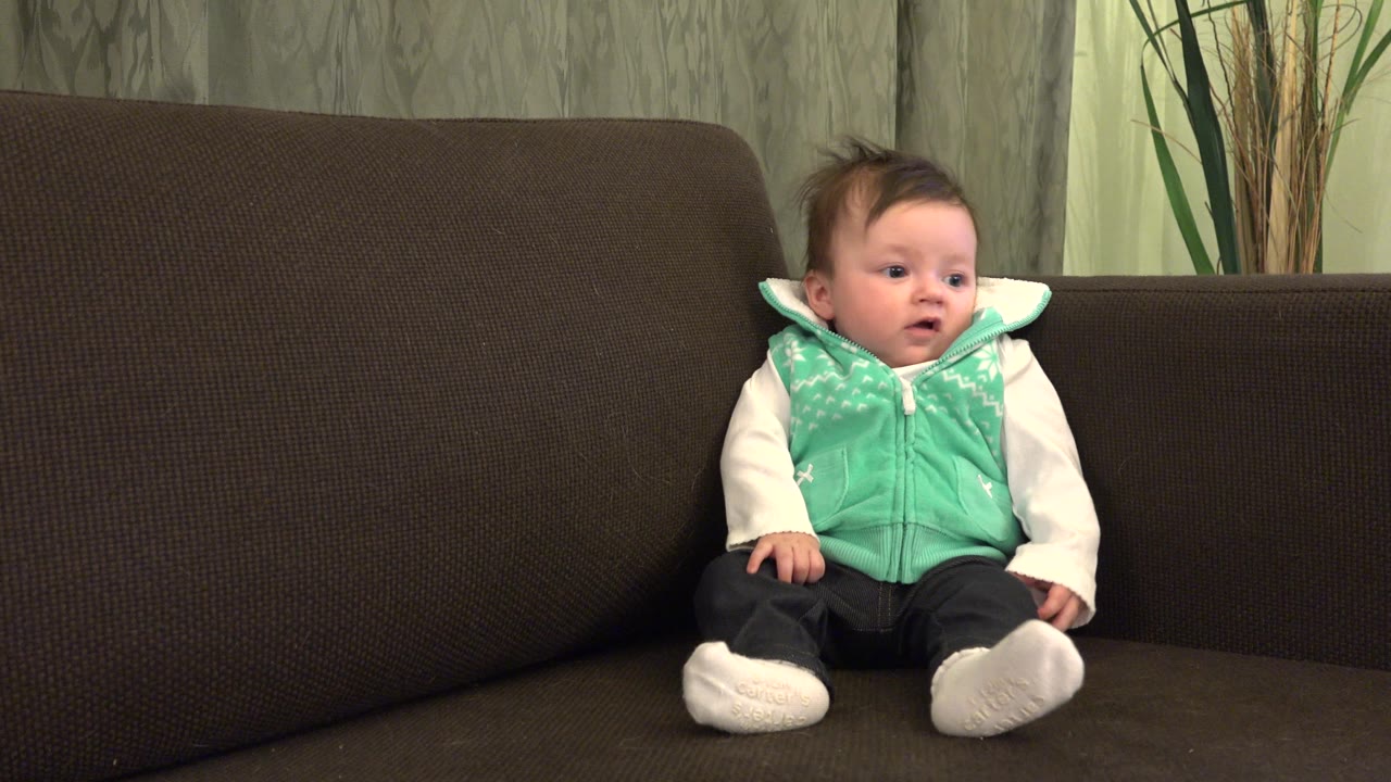 In Westminster, Colorado, the infant is fully visible on the right side of a dark brown couch, wearing a mint green vest over white sleeves with decorative reeds behind the couch.
