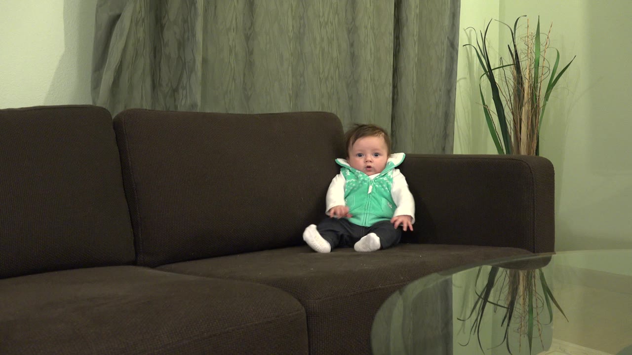 At 0:00 in Westminster, Colorado, an infant sits near the corner of a brown couch with curtains and a tall decorative plant behind them.