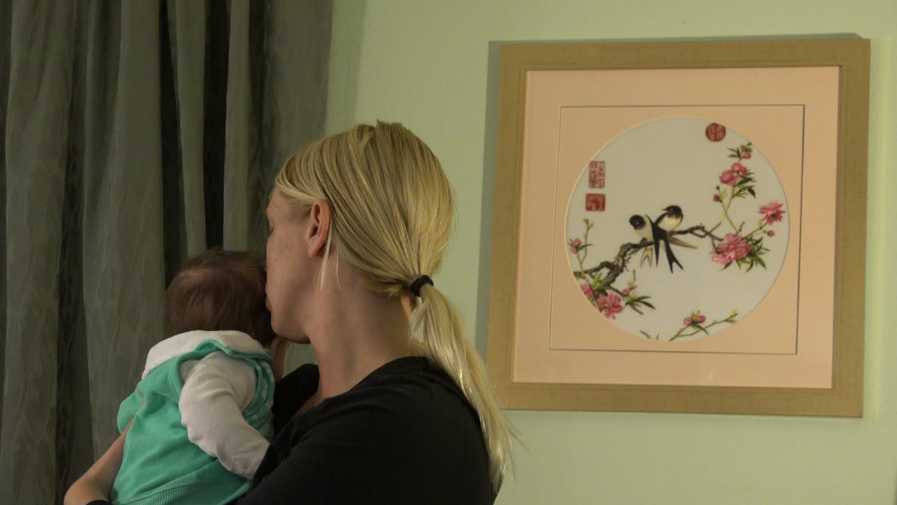 At 0:01 in Westminster, Colorado, the mother and baby remain at the left of frame while the framed floral bird artwork is centered on the wall behind them.