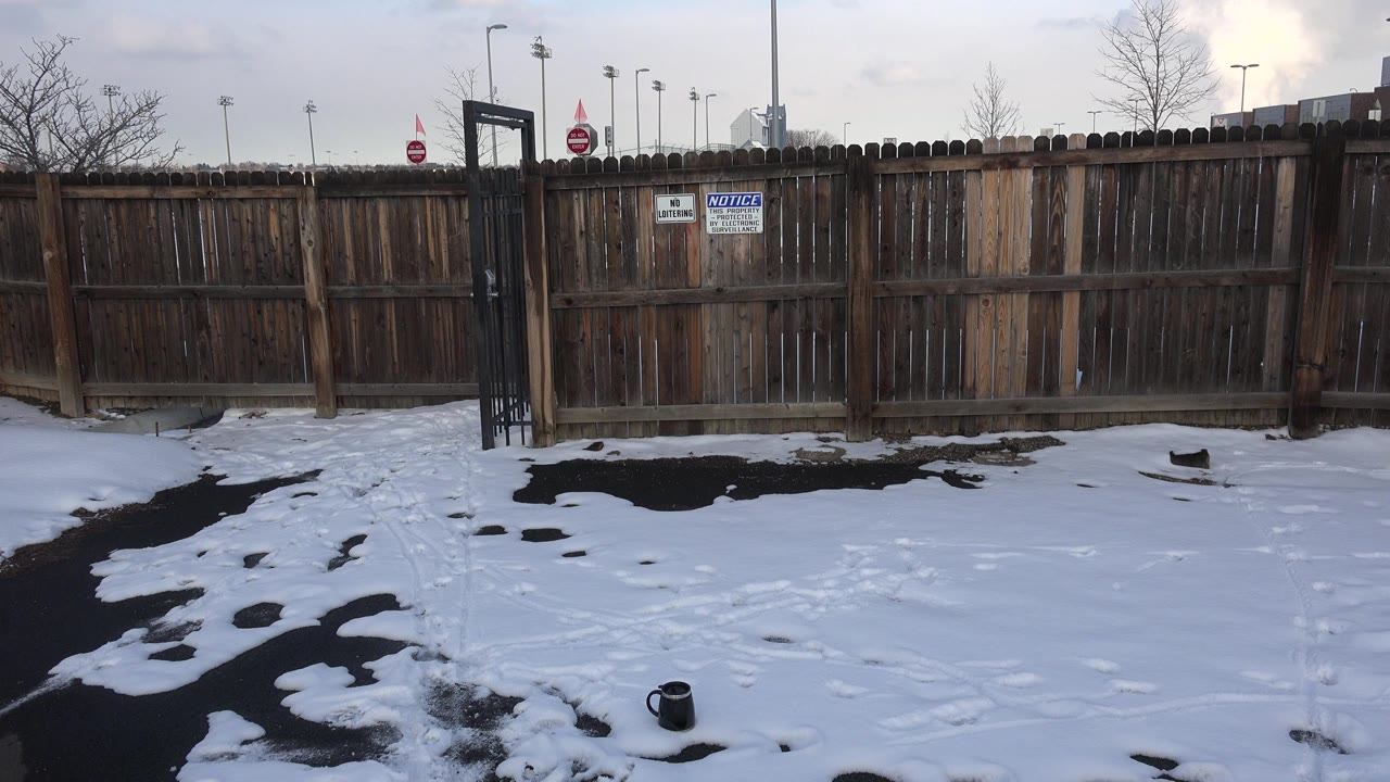 At 0:00 in Westminster, Colorado, snow and dark pavement lead toward a weathered brown wooden fence, a black metal gate, posted signs, bare trees, and no visible people.