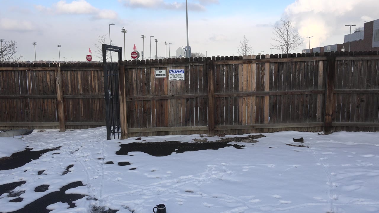 Snowy fenced exterior with gate, signs, bare tree, and distant buildings.