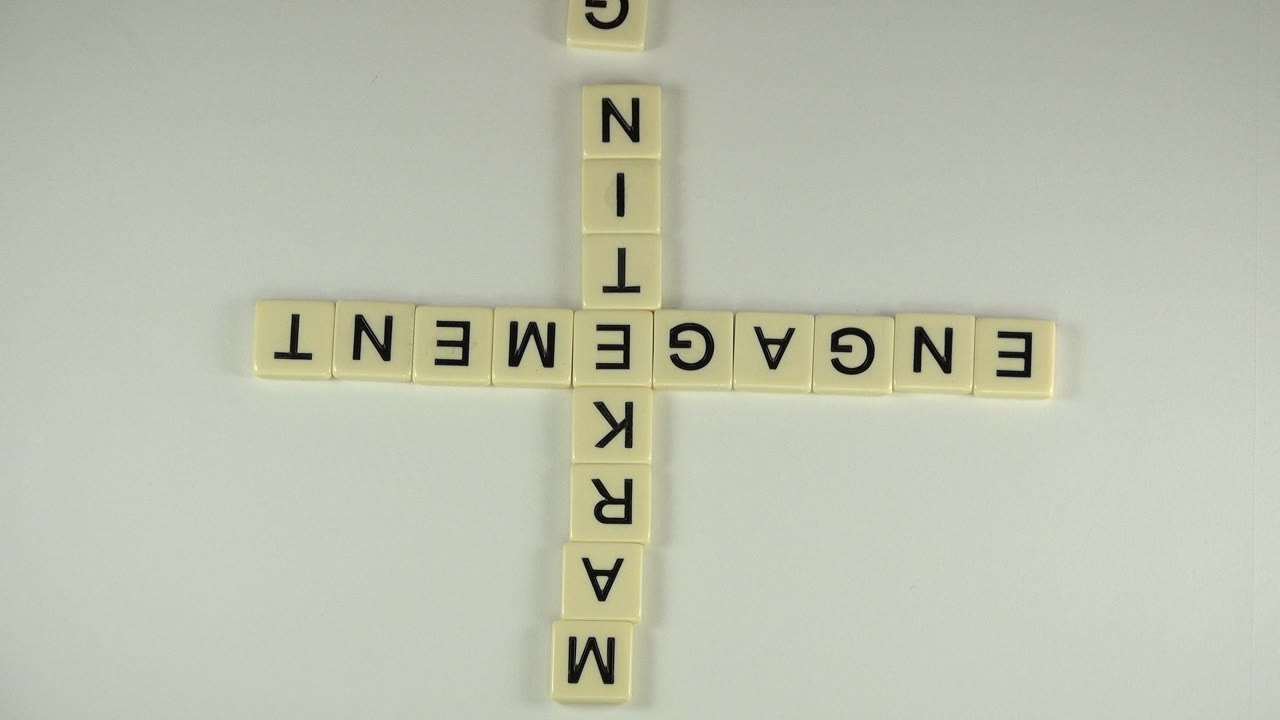 Cream tiles form a plus sign with business-related words.