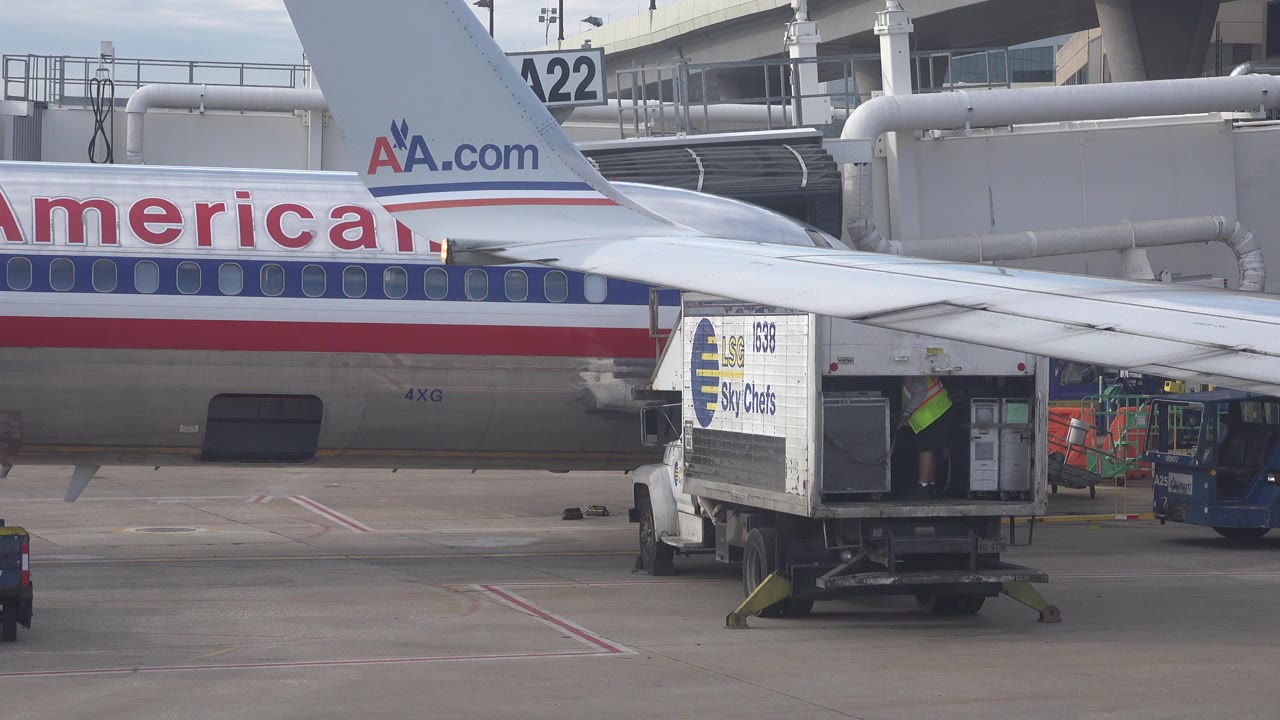 American Airlines plane beside a catering truck on an airport ramp.