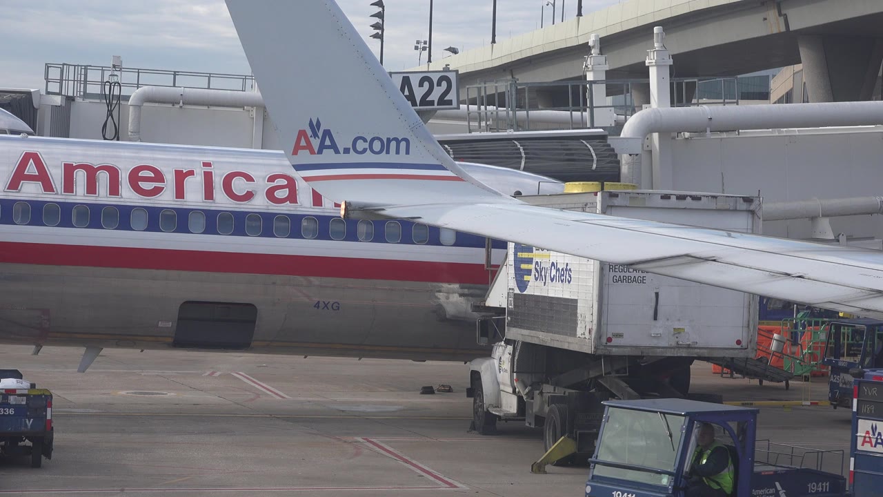American Airlines aircraft beside cargo loading equipment at an airport gate.